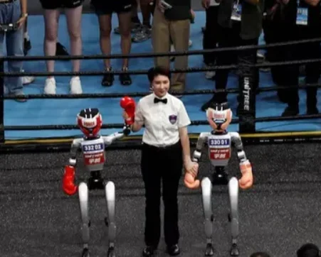 Humanoid robots fall to applause.