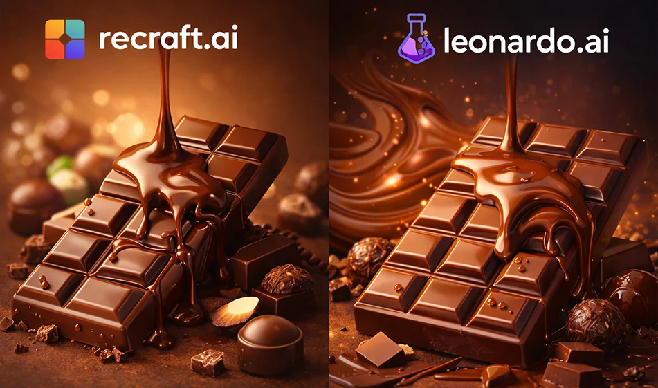🍫 مقارنة بوصلة: Recraft.ai vs Leonardo.ai لصناعة صور اعلانية لمنتج شوكولاتة