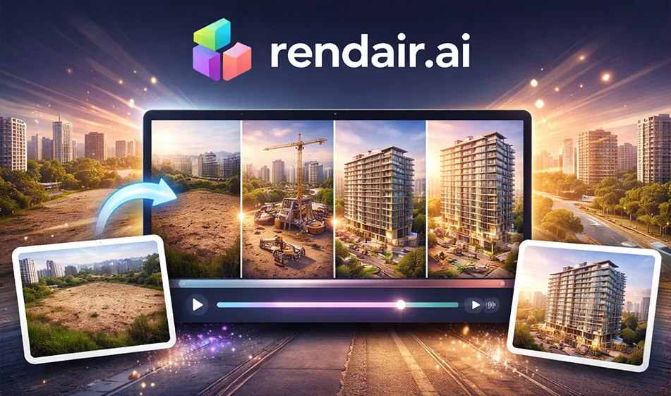 🏗️ rendair.ai – حوّل صورتين إلى فيديو تايم لابس احترافي لبناء مبنى من الصفر