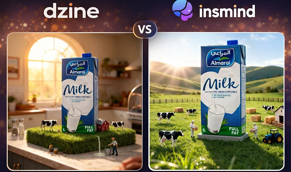 🍶 مقارنة بوصلة: Dzine vs insMind لصناعة صور اعلان حليب المراعي بالذكاء الاصطناعي