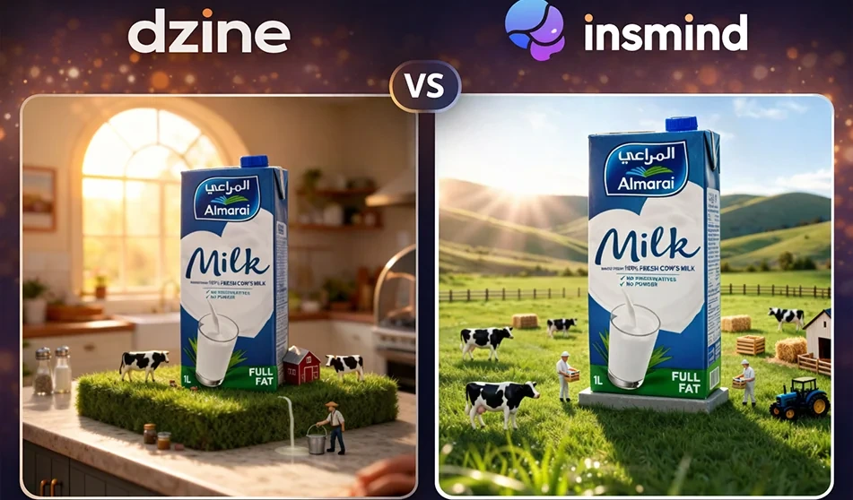 🍶 مقارنة بوصلة: Dzine vs insMind لصناعة صور اعلان حليب المراعي بالذكاء الاصطناعي