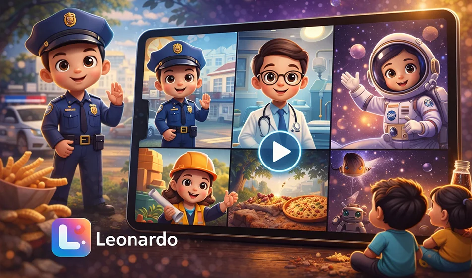 🎬 Create a series of animated educational videos for kids about different careers (6 seconds per video) using Leonardo