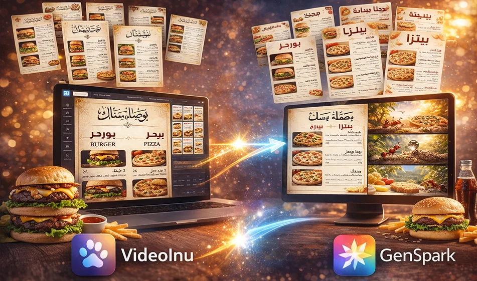 Comparison of VideoInu (Image Generator) and Genspark AI Image for Designing an Arabic Menu for a Fast-Food Restaurant